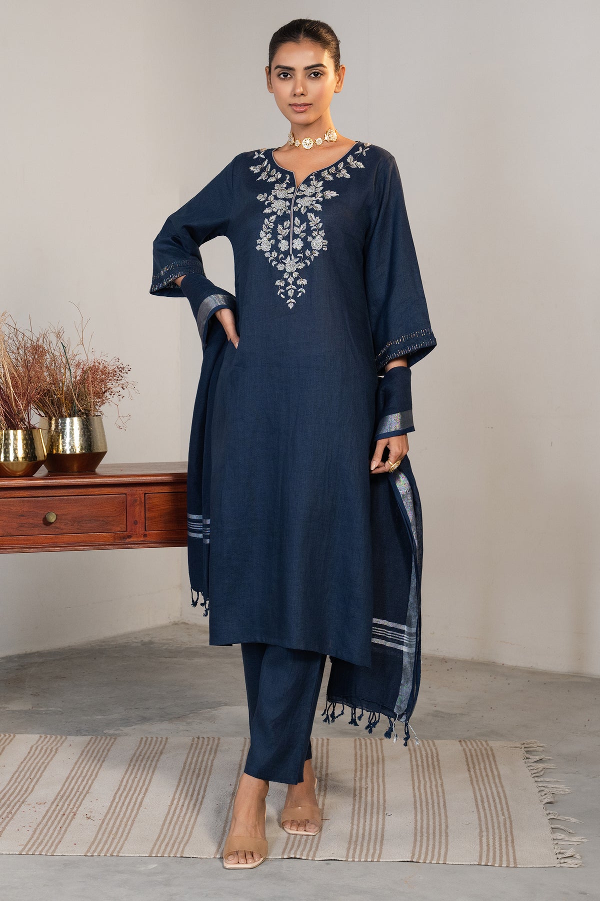 Neckline detailing and premium cotton fabric texture of Prussian Blue Kurti Set