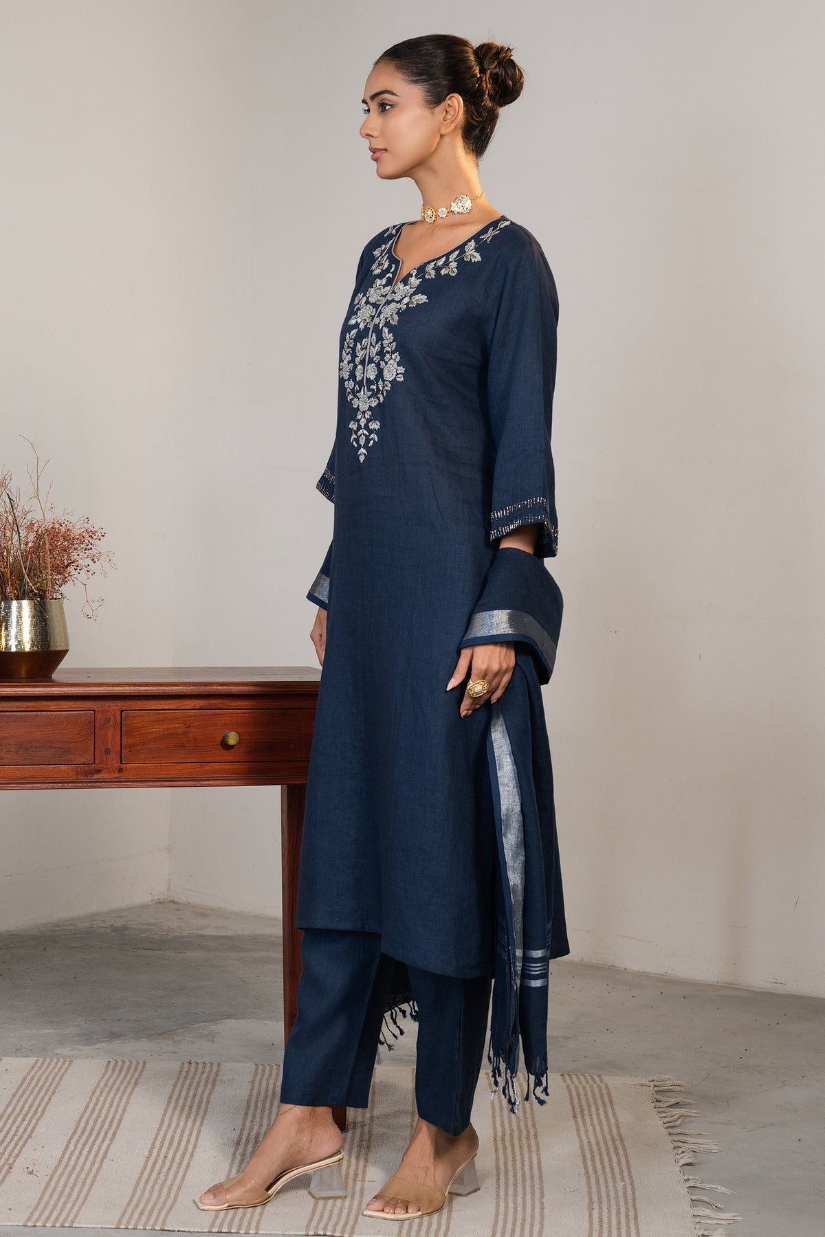 Chic Prussian Blue Cotton Embroidery and Cutdana Work Kurti Set for women festive wear