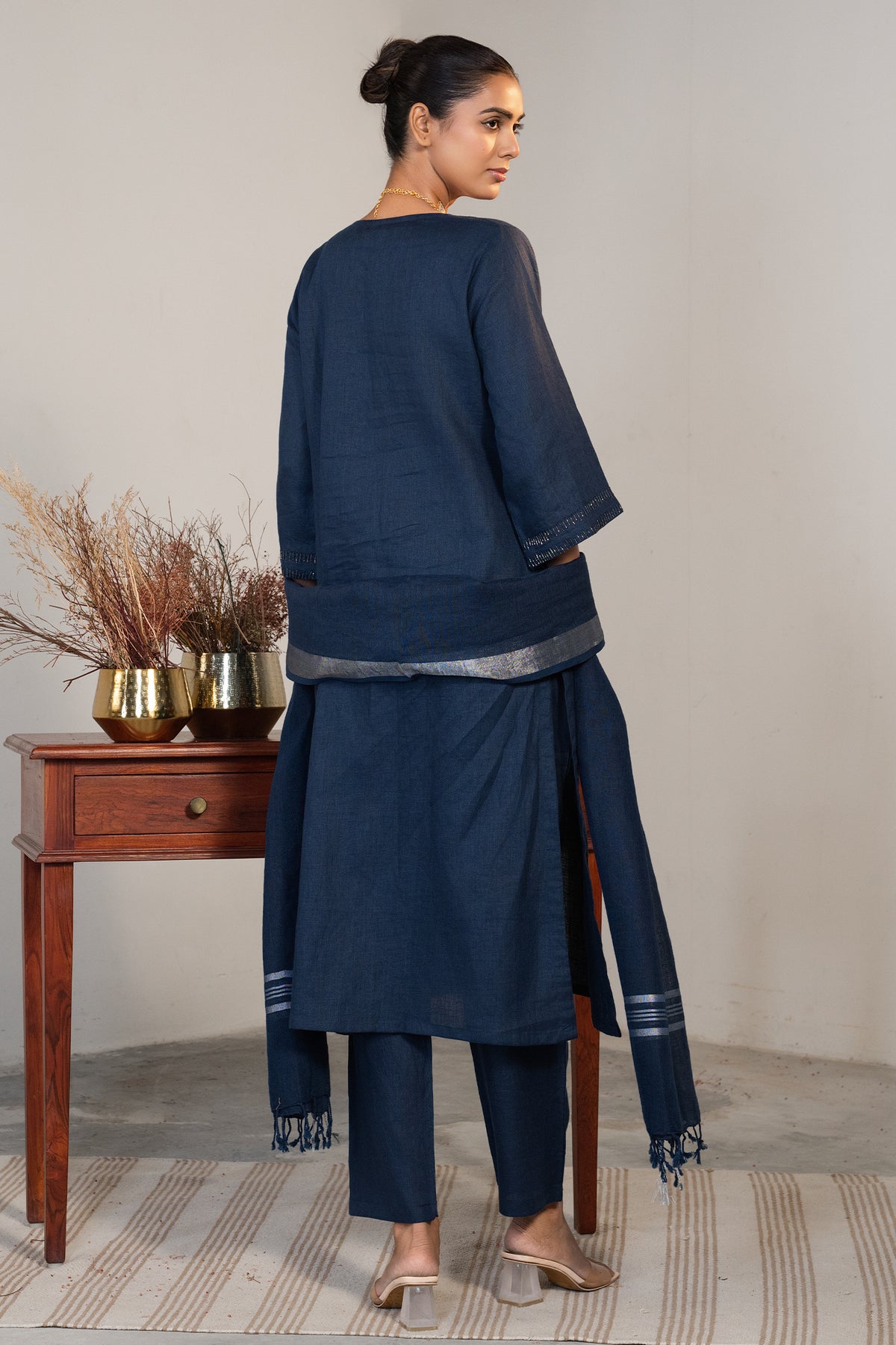 Prussian Blue Cotton Embroidery and Cutdana Work Kurti Set - blue cotton saree embroidery