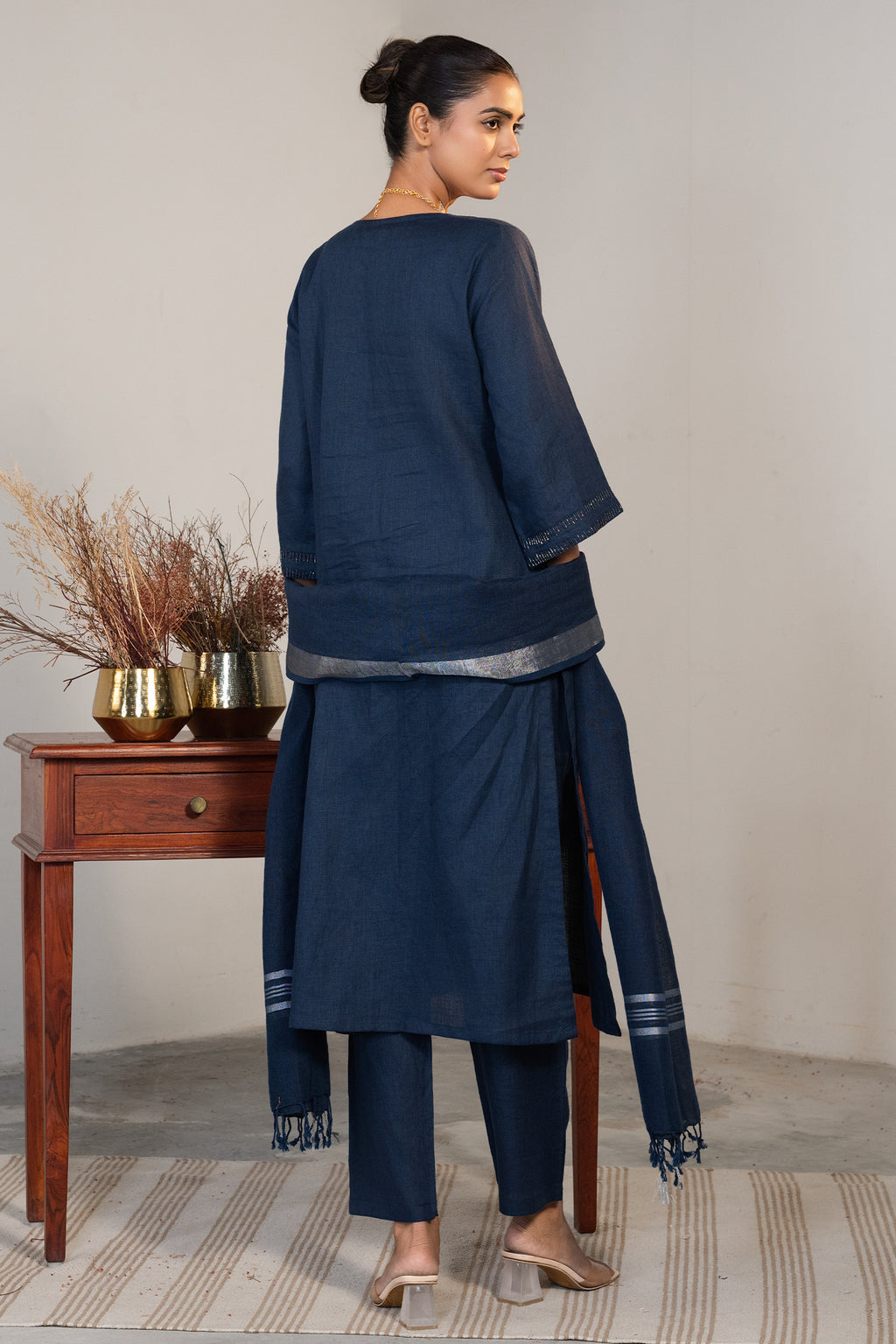 Prussian Blue Cotton Embroidery and Cutdana Work Kurti Set - blue cotton saree embroidery