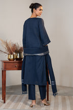 Prussian Blue Cotton Embroidery and Cutdana Work Kurti Set - blue cotton saree embroidery