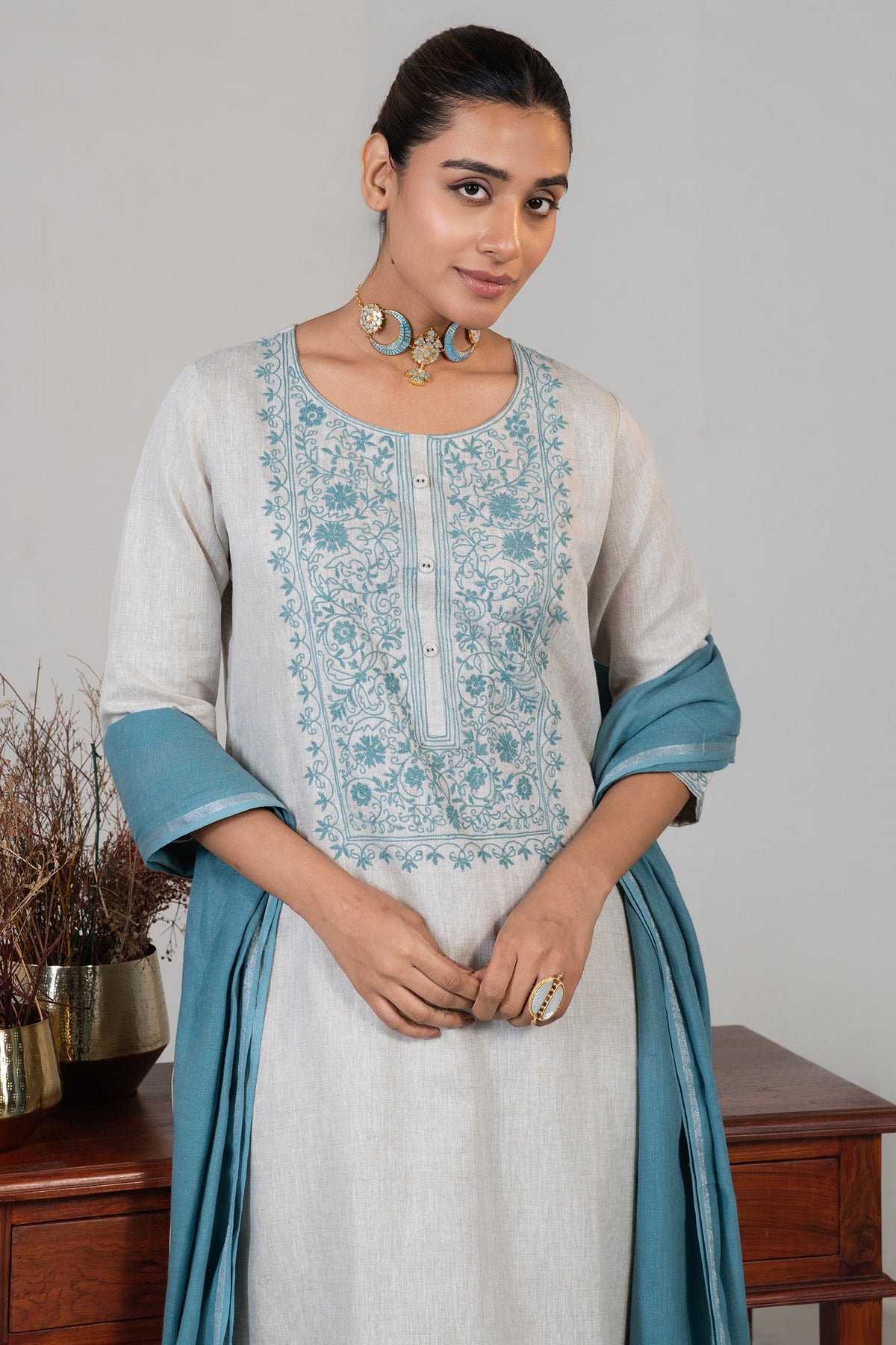 Chic Off White Linen Straight Cut Contrast Embroidered Kurti Set for women ethnic wear