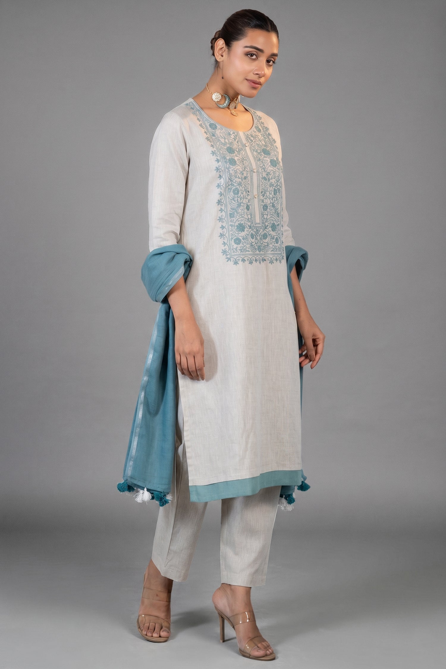 Off White Linen Straight Cut Contrast Embroidered Kurti Set front view