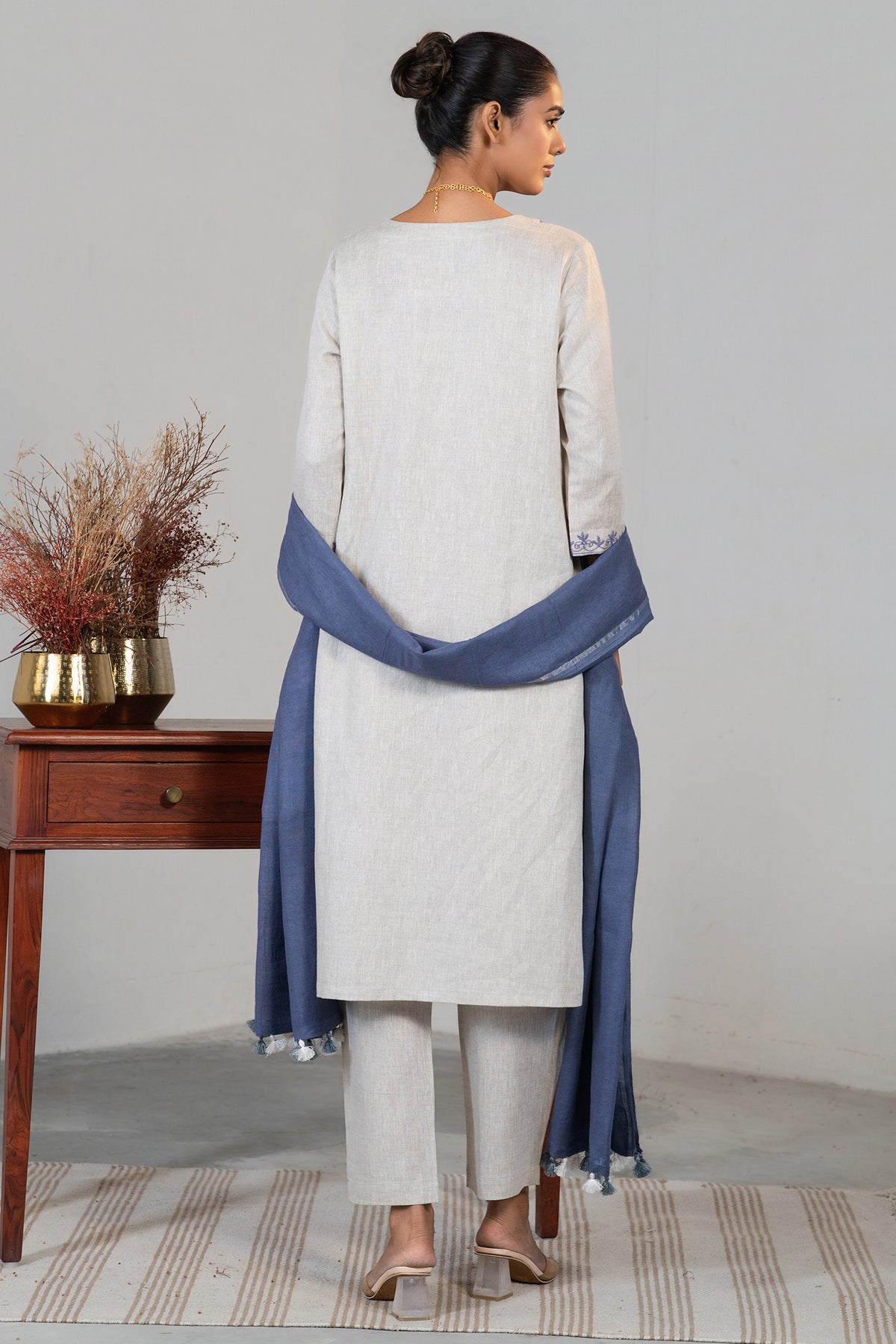 Chic Off White Linen Straight Cut Contrast Embroidered Kurti Set for women ethnic wear