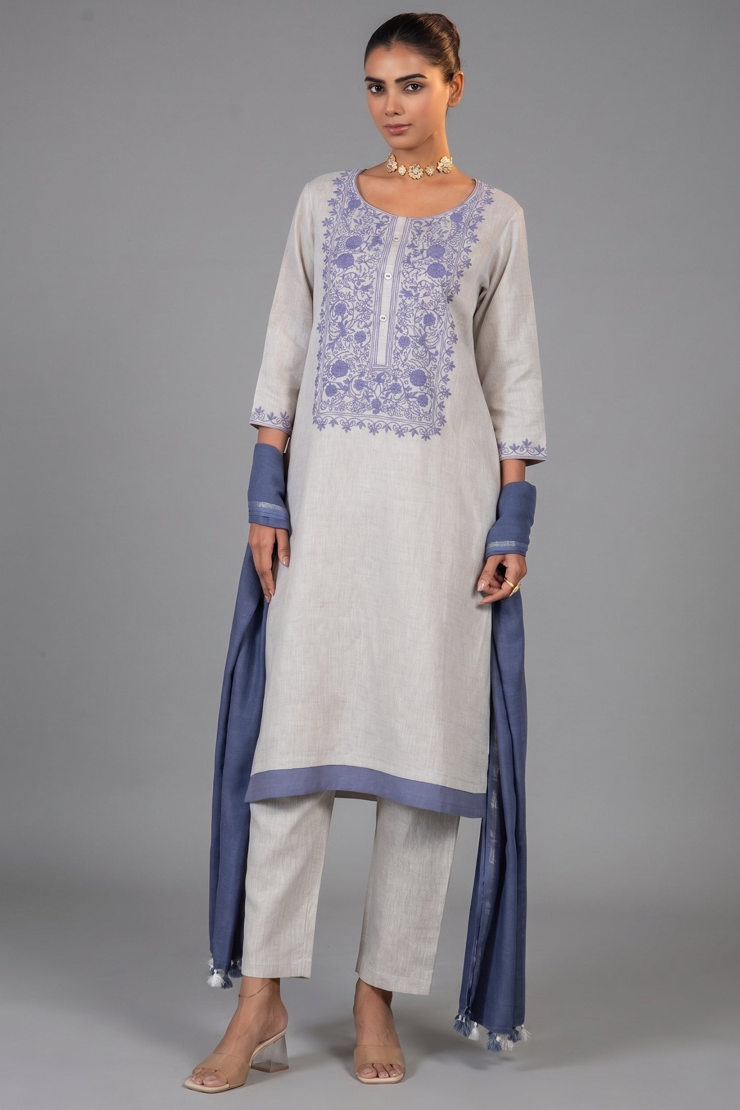 Off White Linen Straight Cut Contrast Embroidered Kurti Set front view