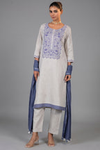 Off White Linen Straight Cut Contrast Embroidered Kurti Set front view