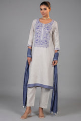 Off White Linen Straight Cut Contrast Embroidered Kurti Set front view