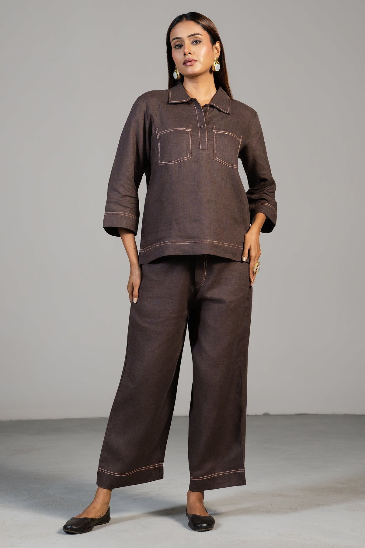 Tailoring details and fine stitching of Brown Linen Co-Ord Set