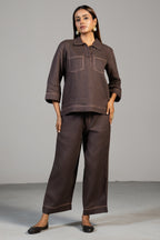 Tailoring details and fine stitching of Brown Linen Co-Ord Set