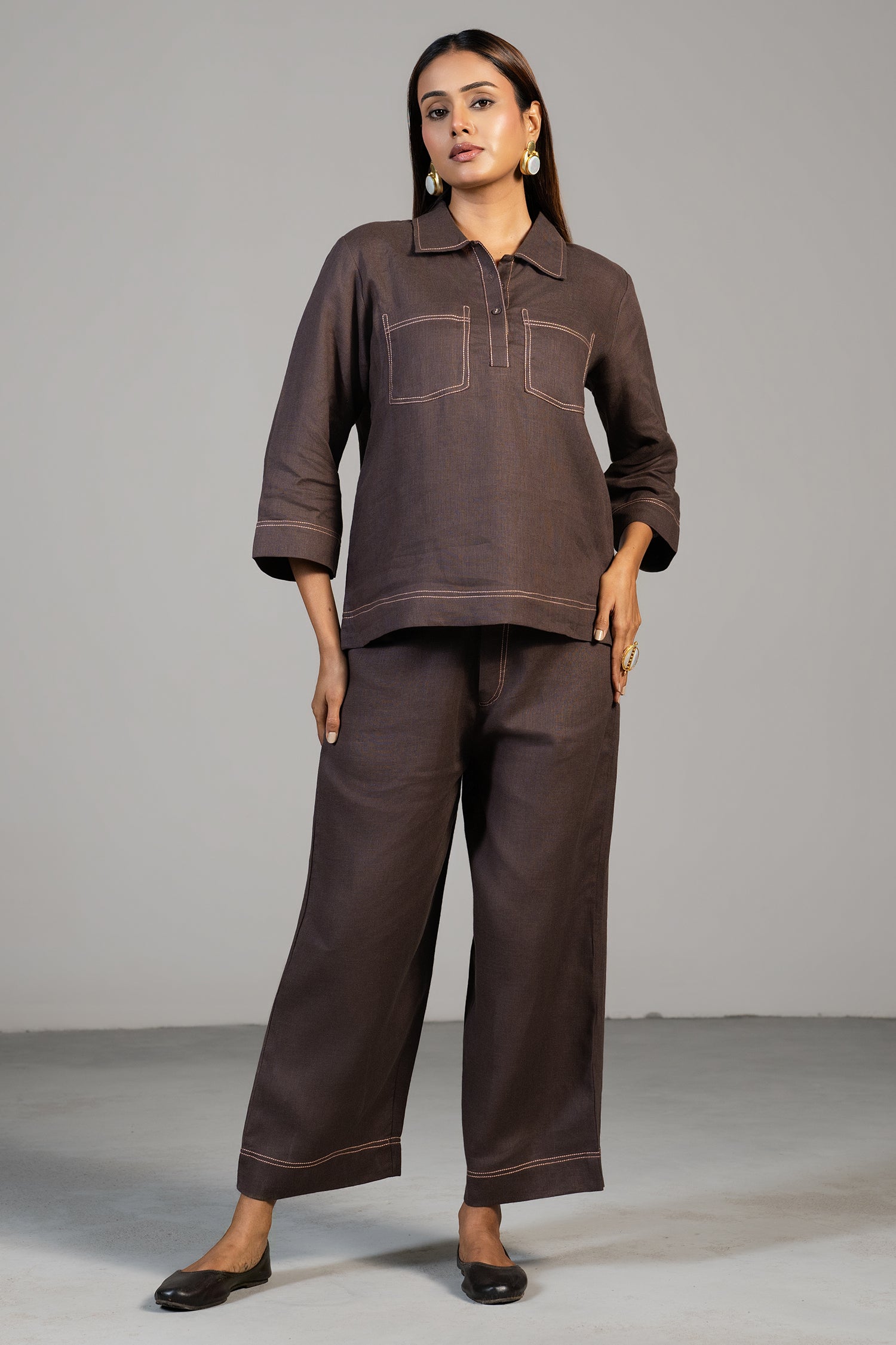 Tailoring details and fine stitching of Brown Linen Co-Ord Set