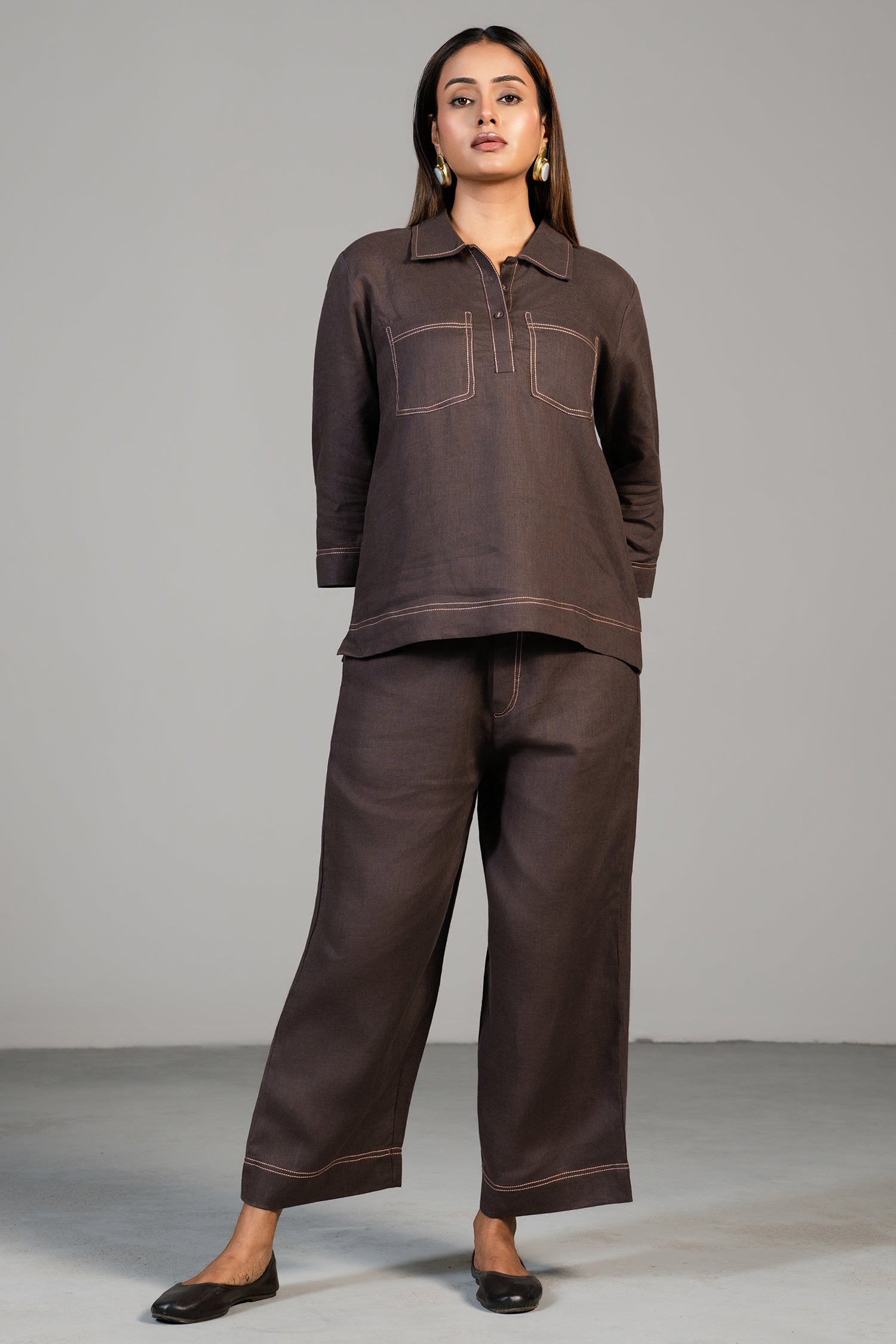 Full length elegant silhouette of contemporary Brown Linen Co-Ord Set