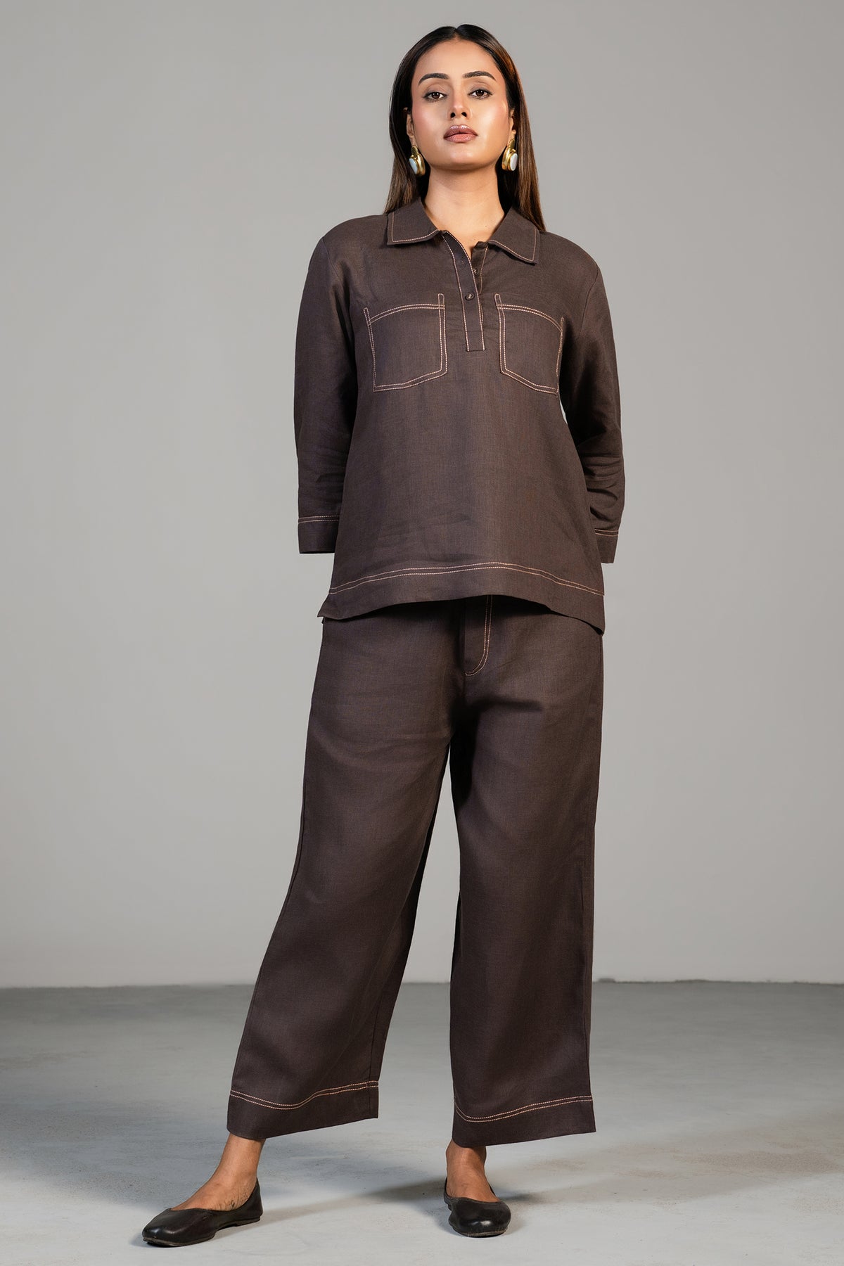 Full length elegant silhouette of contemporary Brown Linen Co-Ord Set