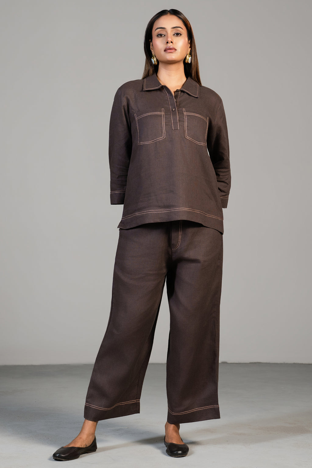 Full length elegant silhouette of contemporary Brown Linen Co-Ord Set