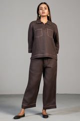 Full length elegant silhouette of contemporary Brown Linen Co-Ord Set