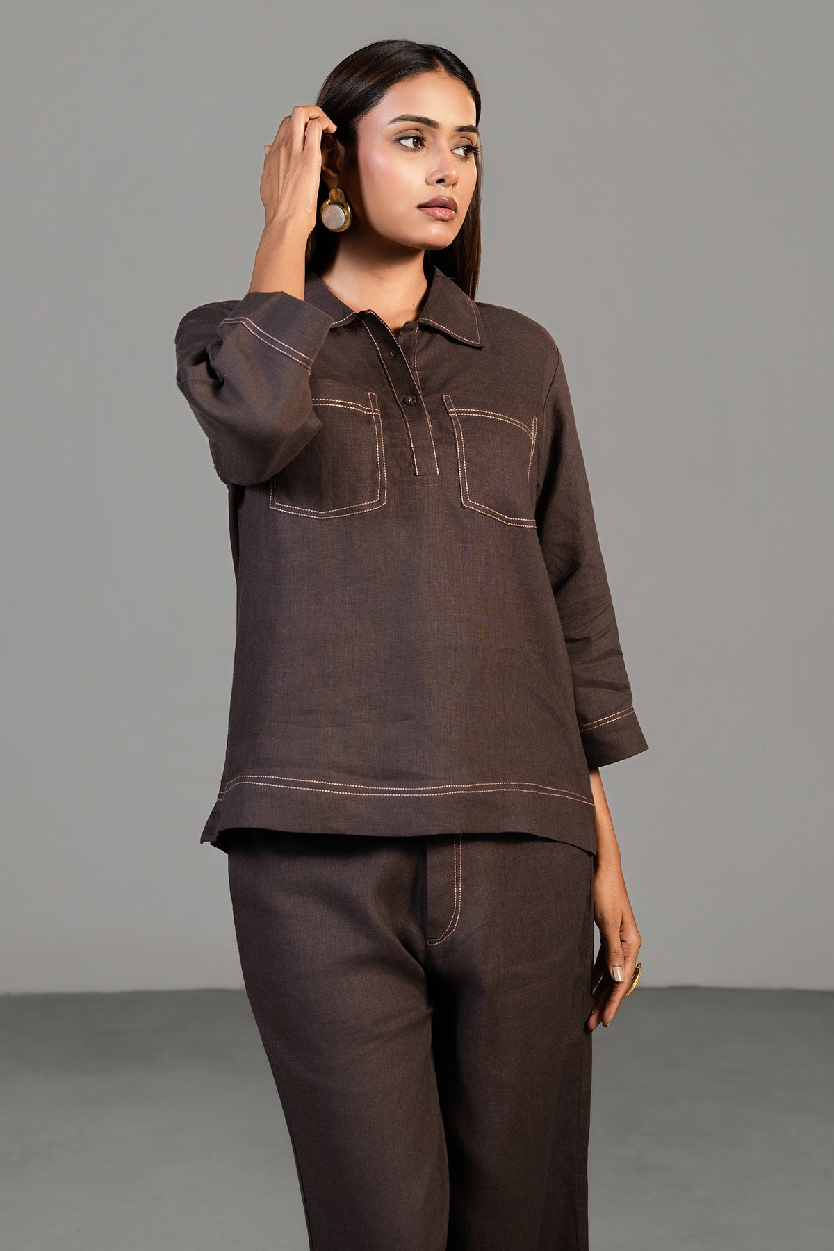 Brown Linen Co-Ord Set - brown linen saree