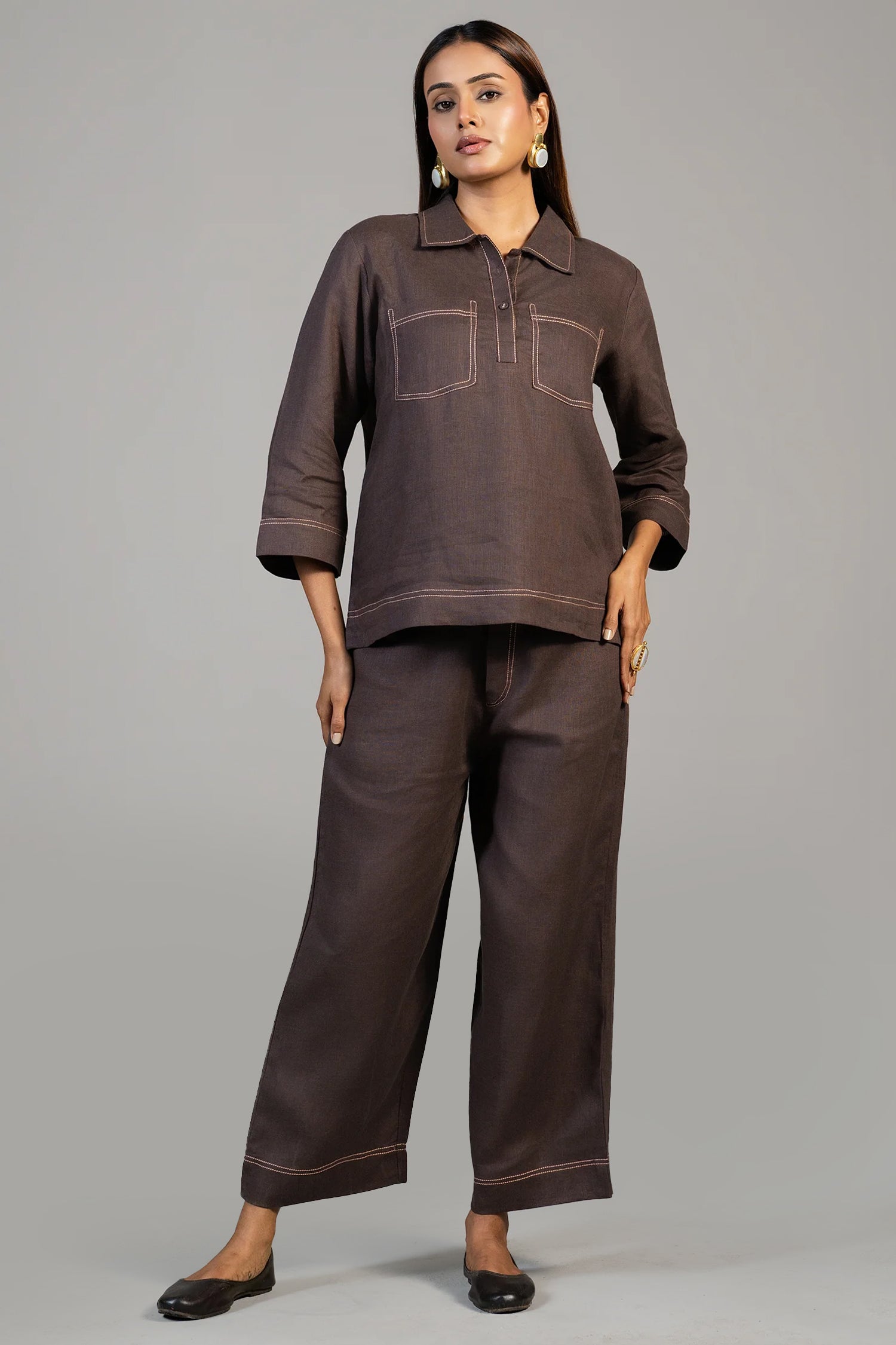 Brown Linen Co-Ord Set front view minimal chic style