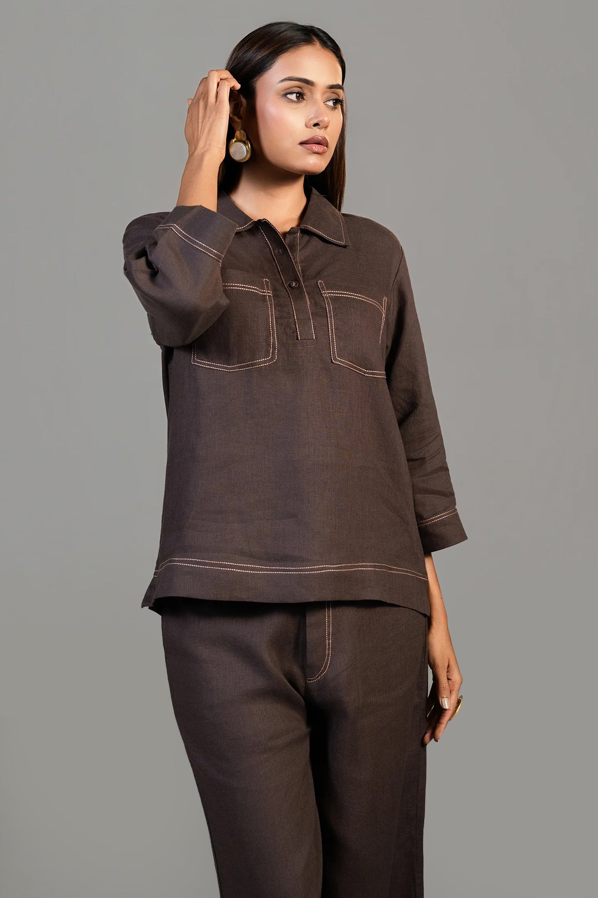Close up of premium breathable fabric on Brown Linen Co-Ord Set