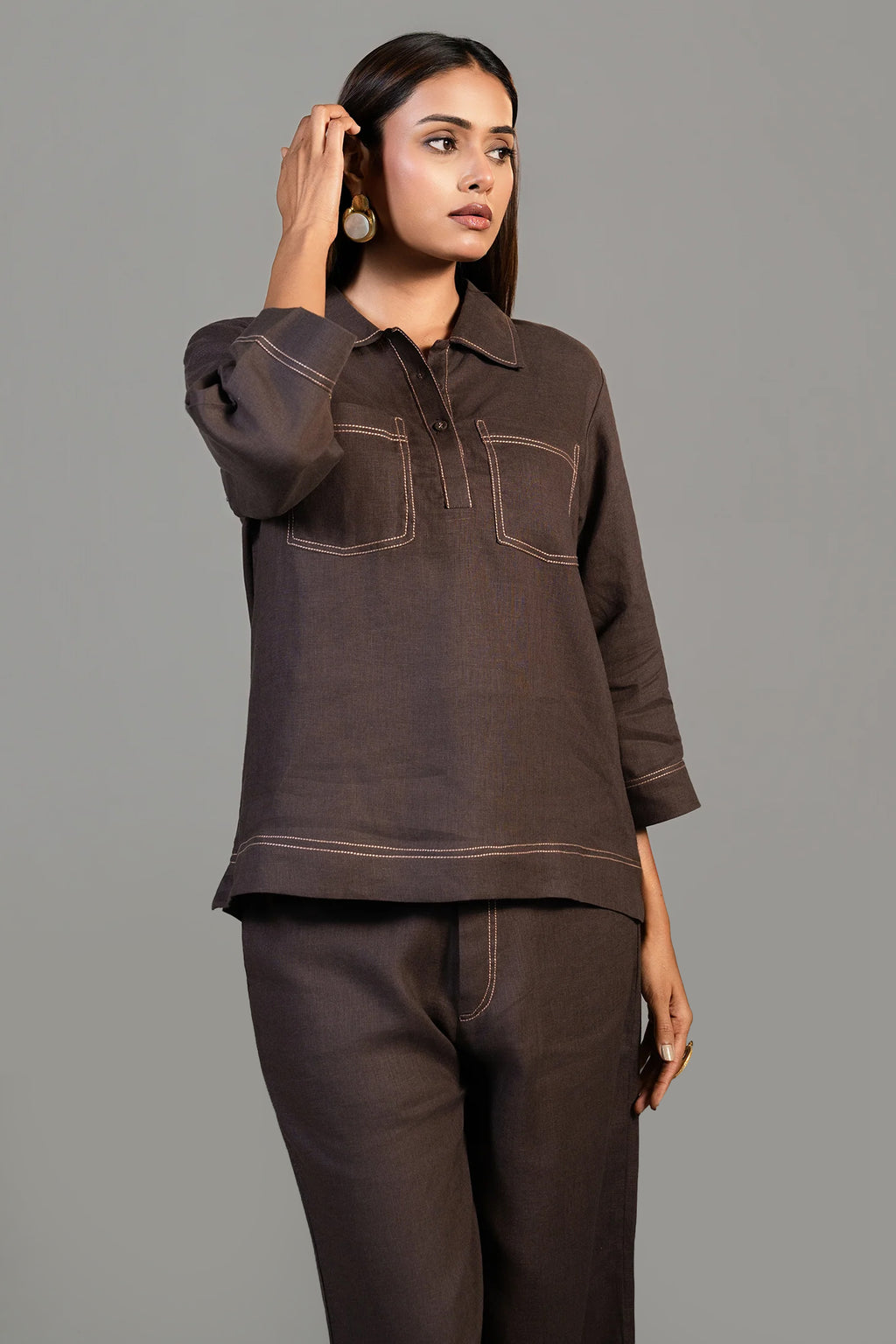 Close up of premium breathable fabric on Brown Linen Co-Ord Set