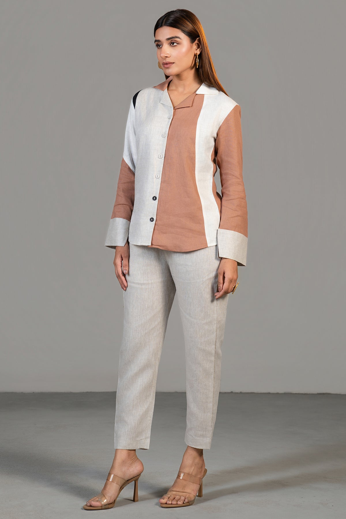 Designer Multi Colored Linen Shirt Style Tunic with Pant for smart-casual wear