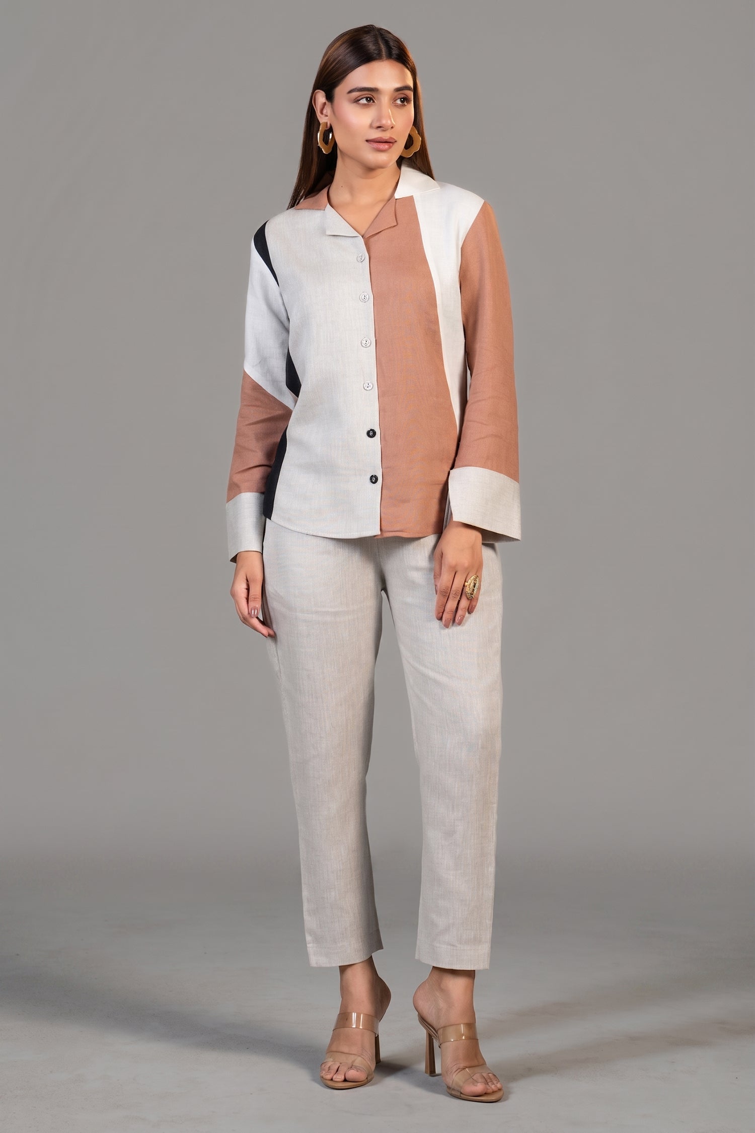 Multi Colored Linen Shirt Style Tunic with Pant - Front View