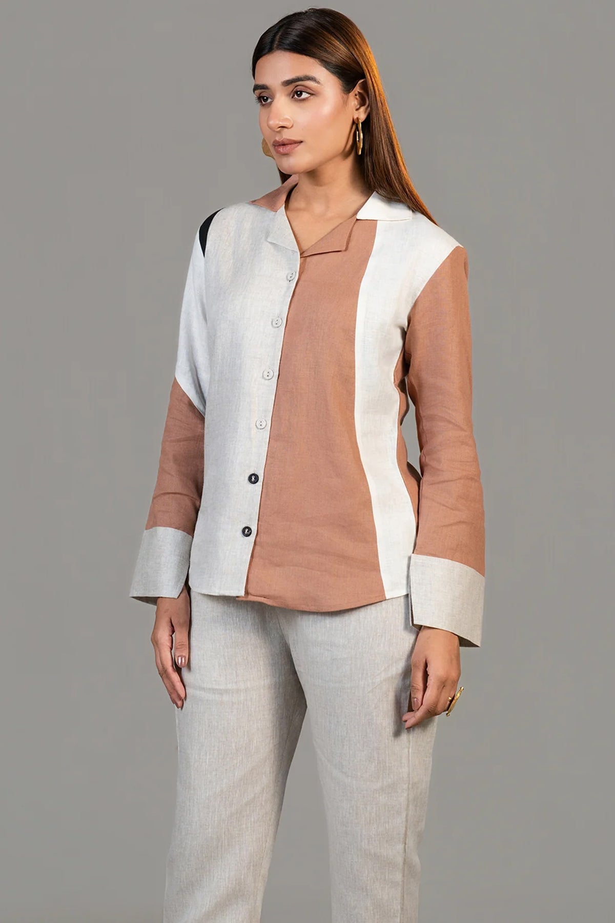 Close-up of the modern geometric print on the Multi Colored Linen Shirt Style Tunic with Pant