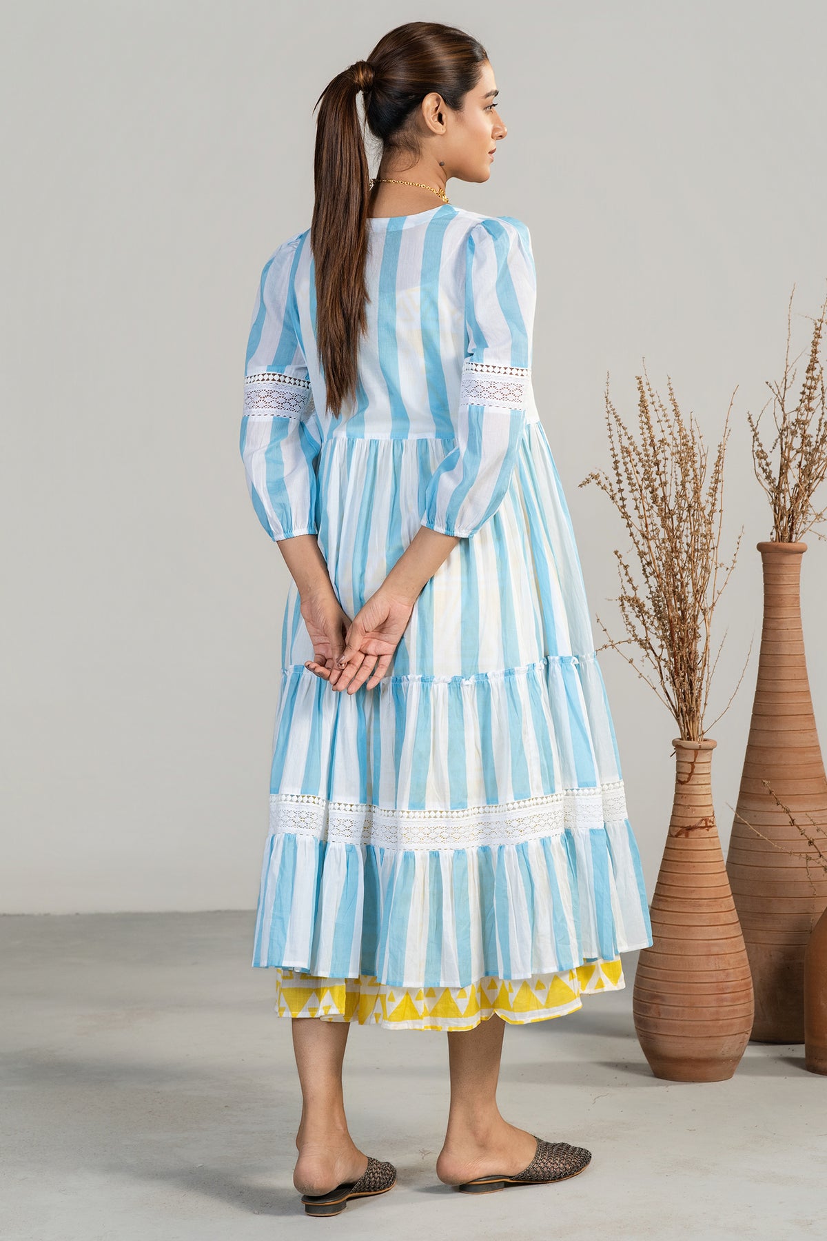 Premium soft cotton fabric texture and detailing of Yellow and Blue Fusion Dress