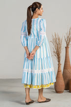 Premium soft cotton fabric texture and detailing of Yellow and Blue Fusion Dress