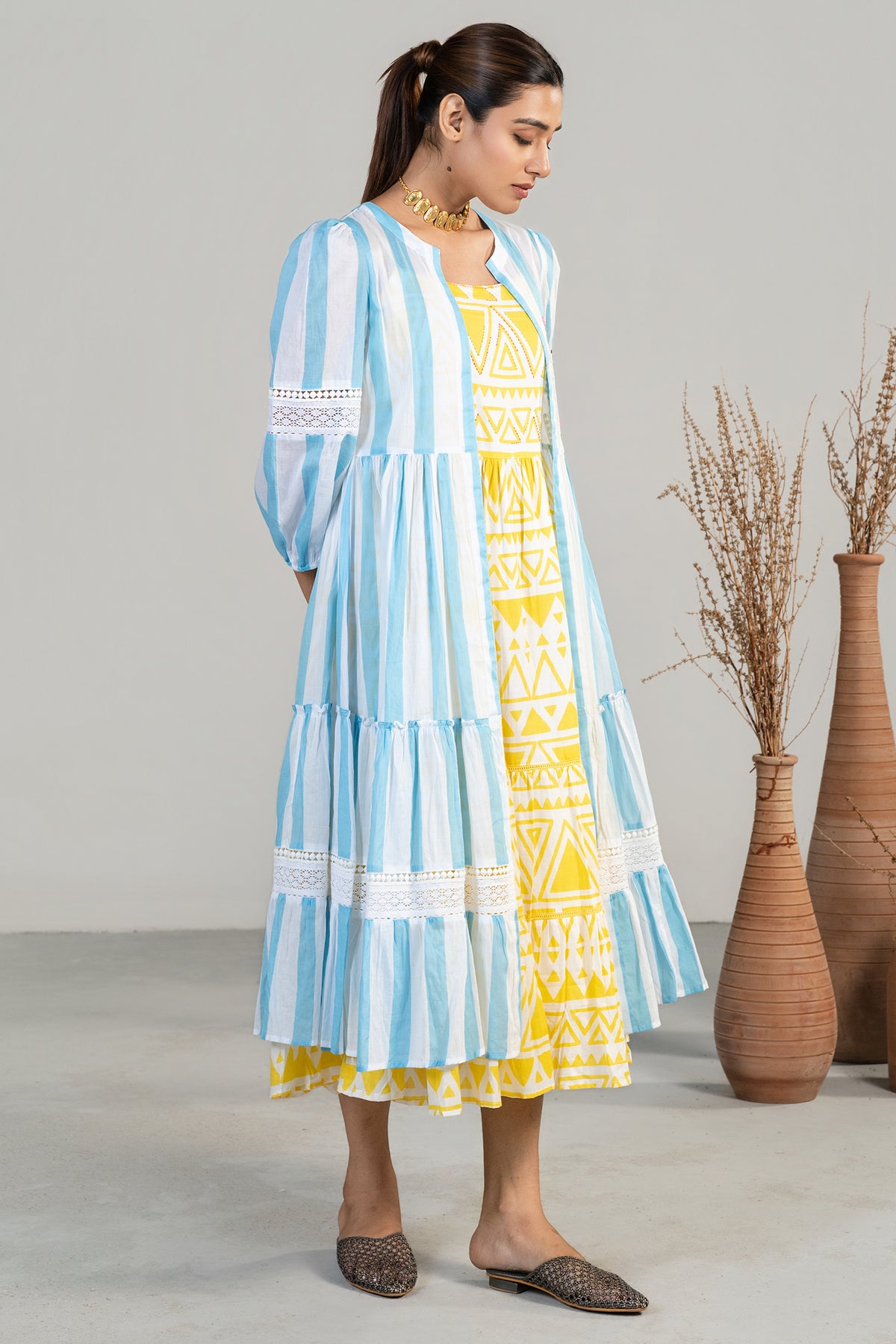 Close up of the vibrant geometric print on Yellow and Blue Soft Cotton Fusion Dress