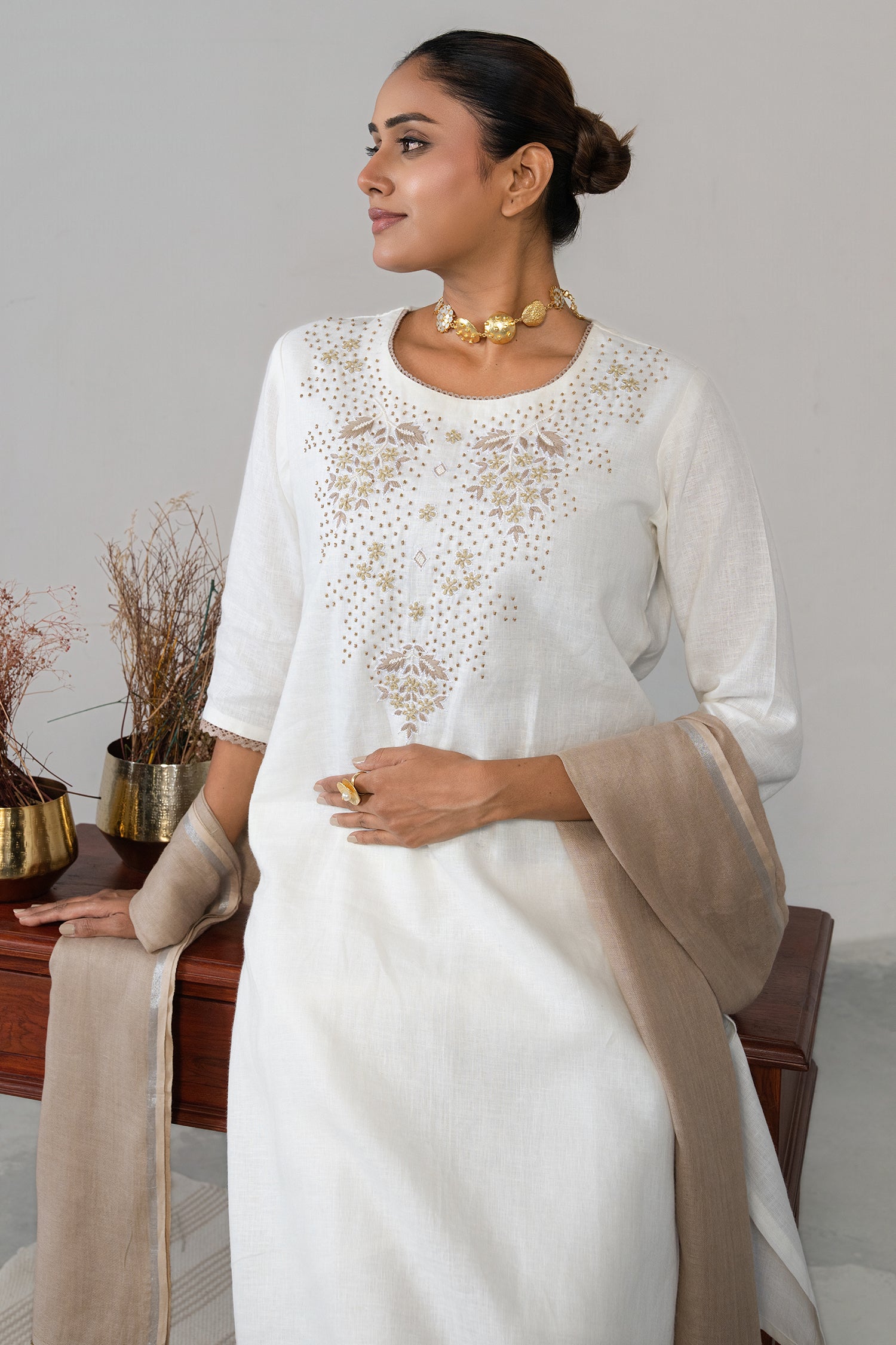 Chic Off White Linen Embroidery and Beaded Straight Cut Kurti Set for women fashion