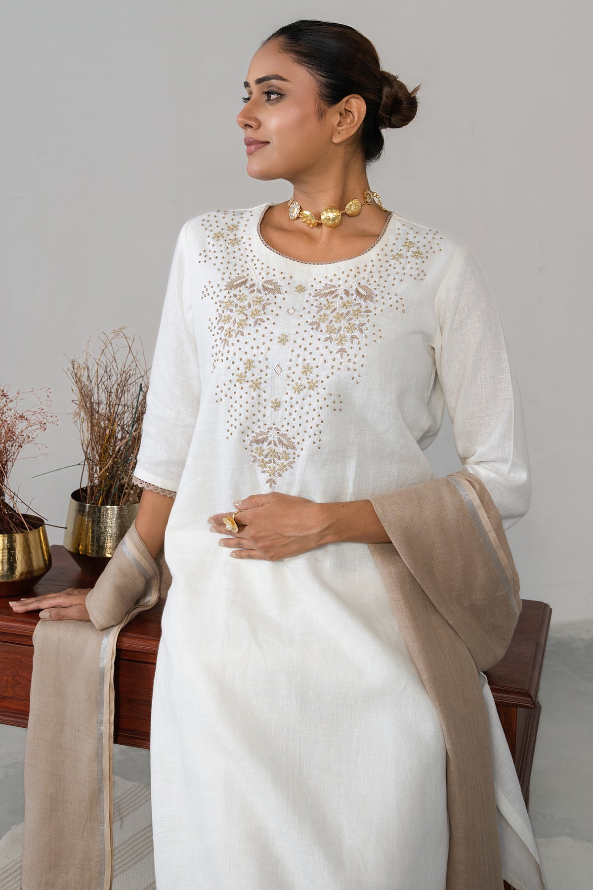 Chic Off White Linen Embroidery and Beaded Straight Cut Kurti Set for women fashion