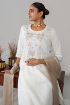 Chic Off White Linen Embroidery and Beaded Straight Cut Kurti Set for women fashion