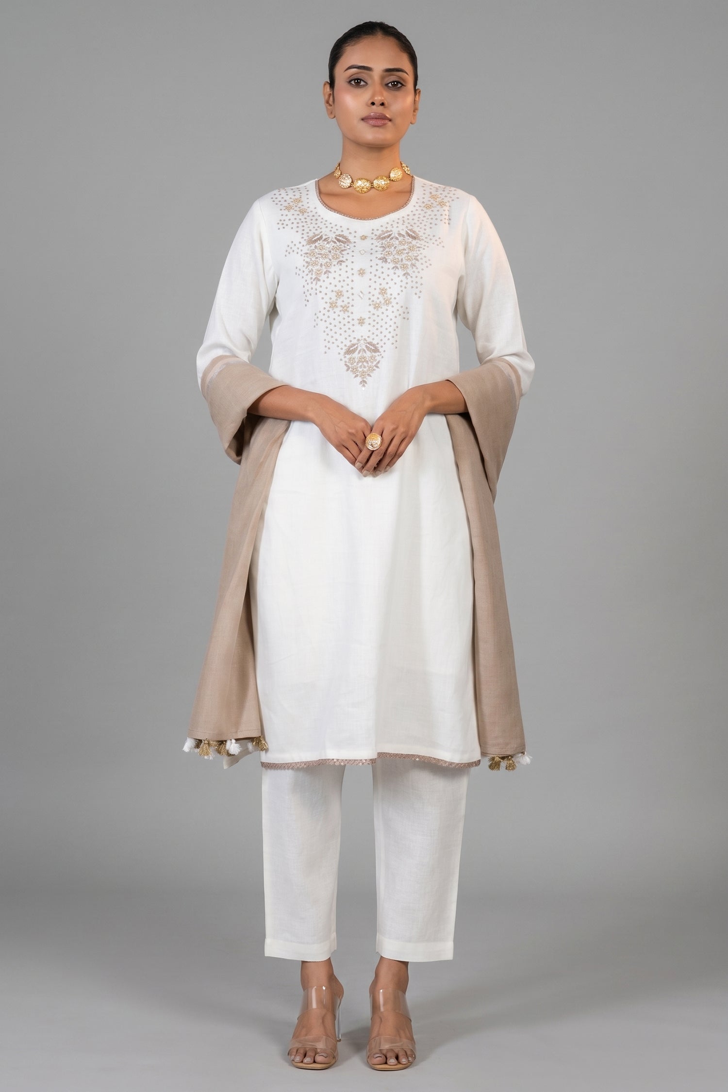 Off White Linen Embroidery and Beaded Straight Cut Kurti Set front view