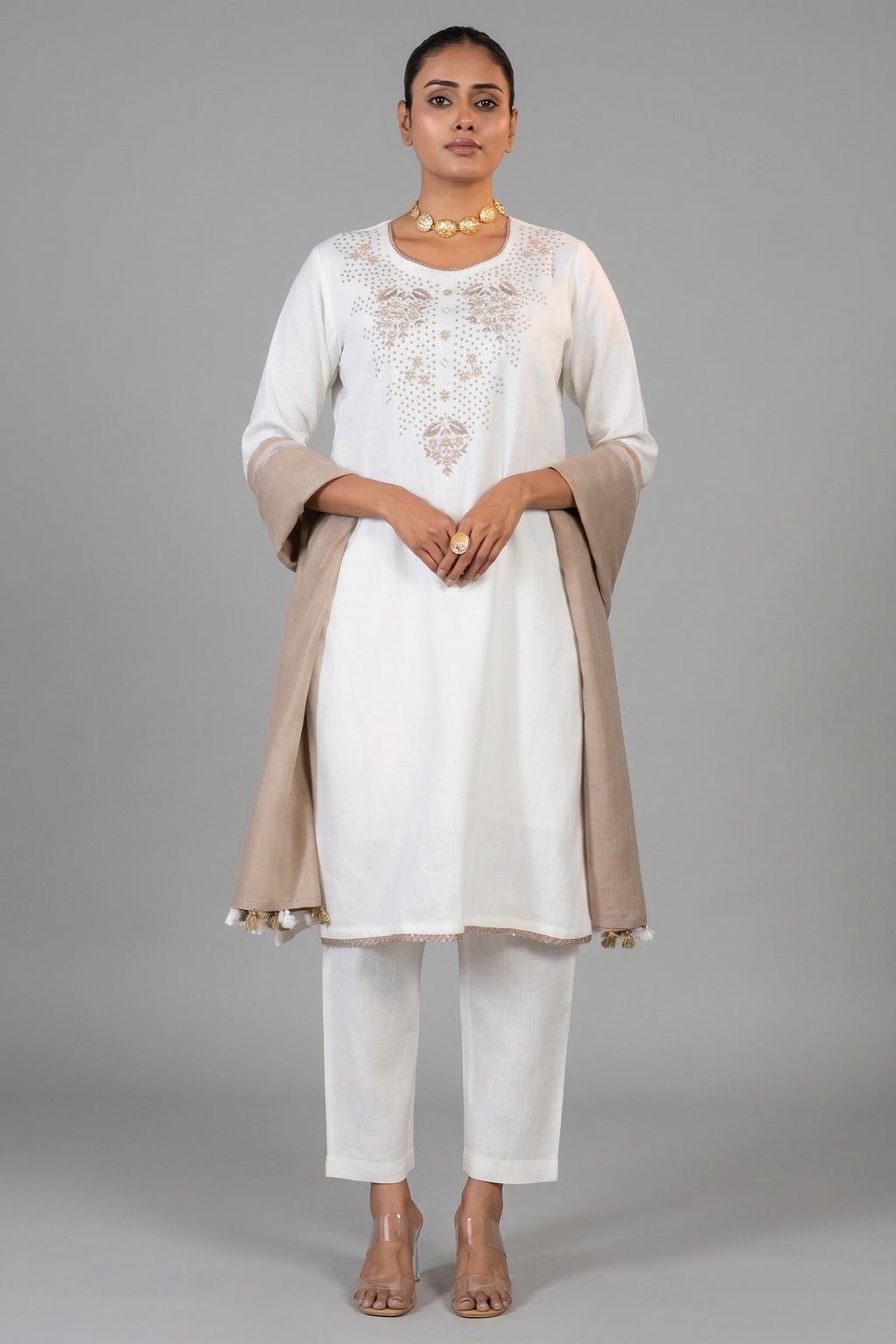 Off White Linen Embroidery and Beaded Straight Cut Kurti Set front view