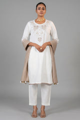 Off White Linen Embroidery and Beaded Straight Cut Kurti Set front view
