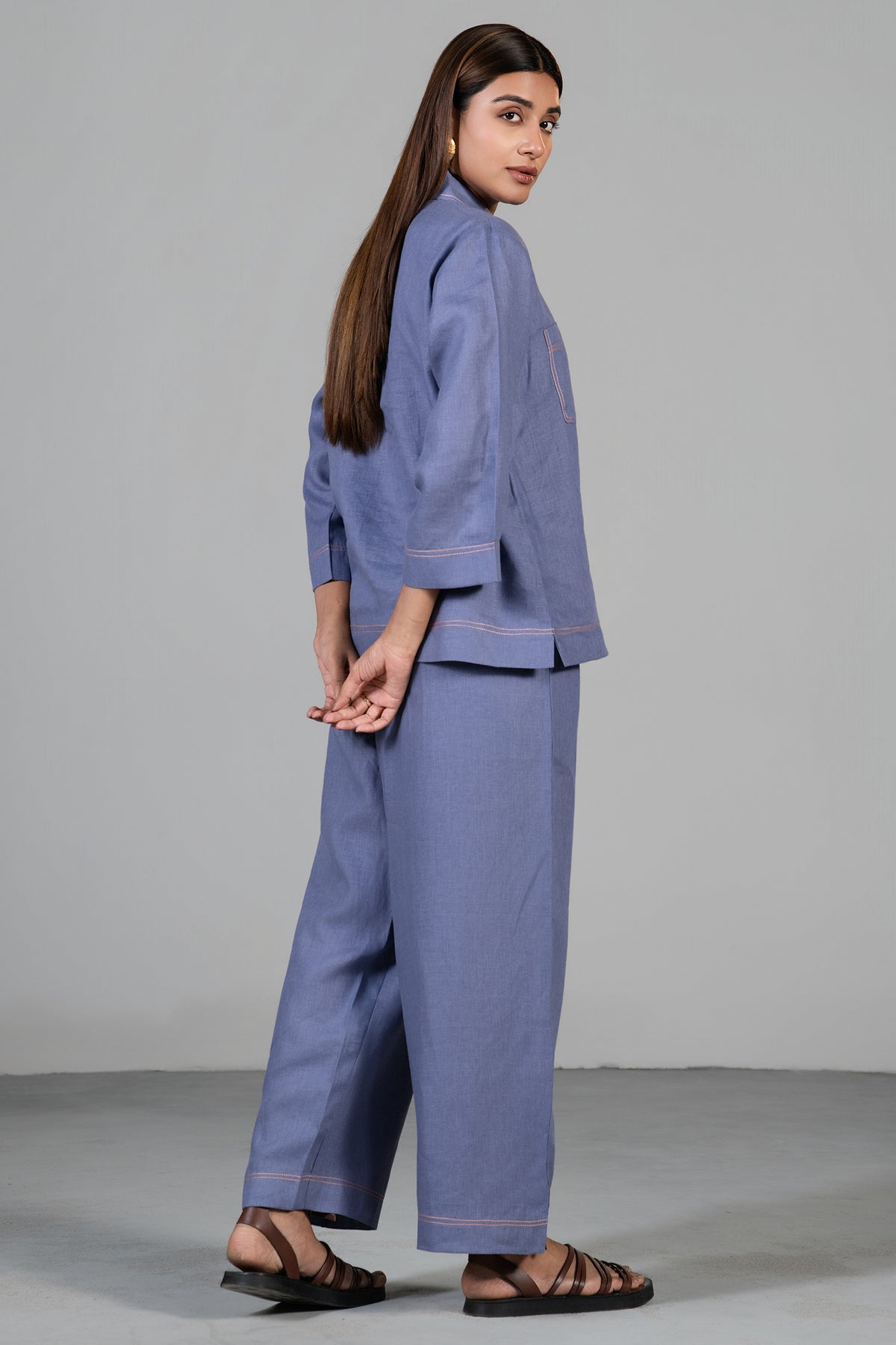 Full length elegant silhouette of contemporary Mulberry Mist Linen Co-Ord Set