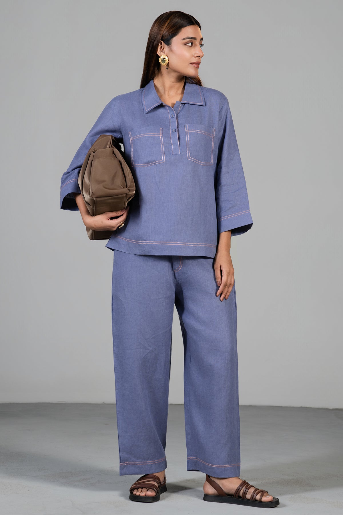 Close up of the premium breathable fabric on Mulberry Mist Linen Co-Ord Set