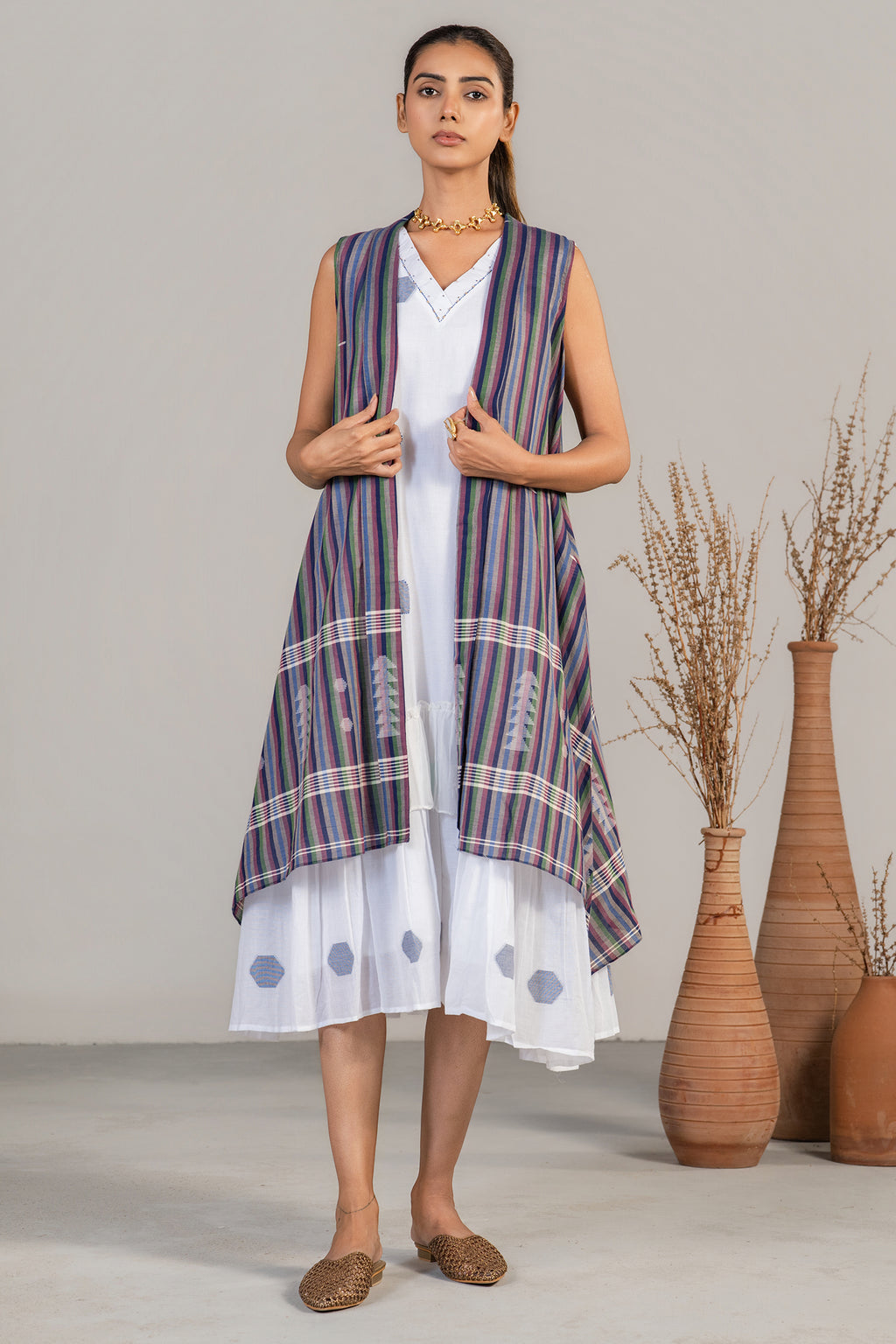 Ivory White Mul Cotton Midi Layered Dress front view chic summer fashion