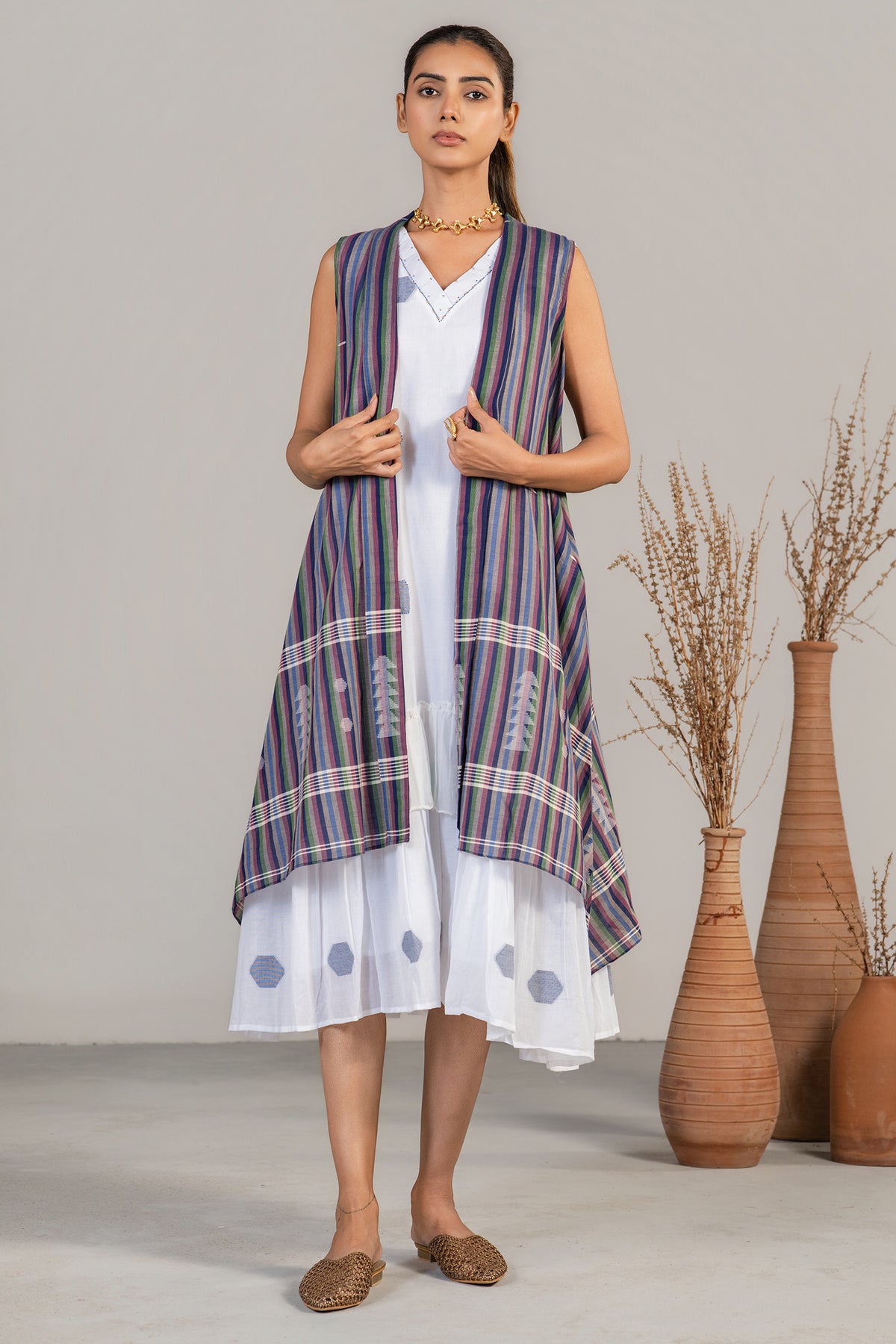 Ivory White Mul Cotton Midi Layered Dress front view chic summer fashion