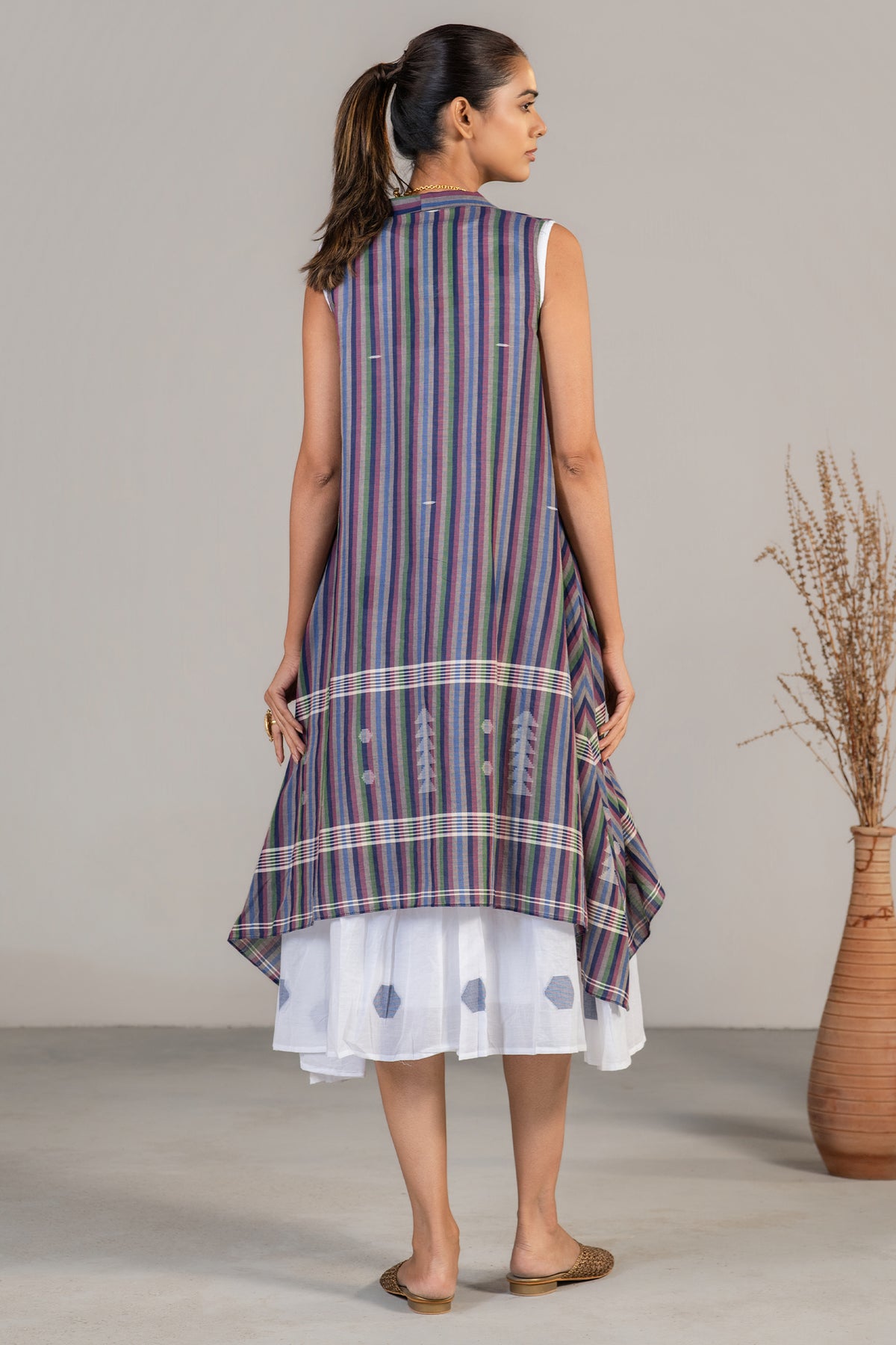 Striped overlay jacket and styling details of Ivory White Mul Cotton Midi Layered Dress