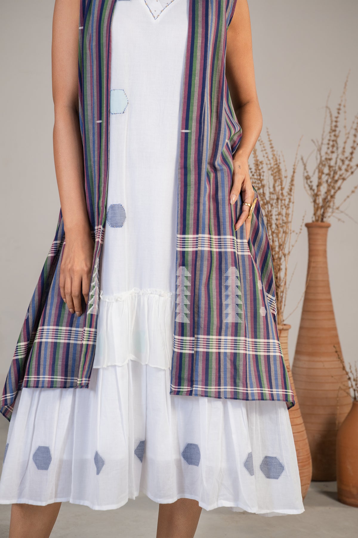 Chic Ivory White Mul Cotton Midi Layered Dress for women smart-casual wear