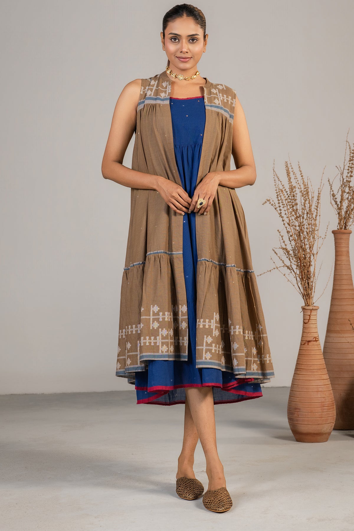 Indigo Blue Mul Cotton Midi Dress front view traditional floral print