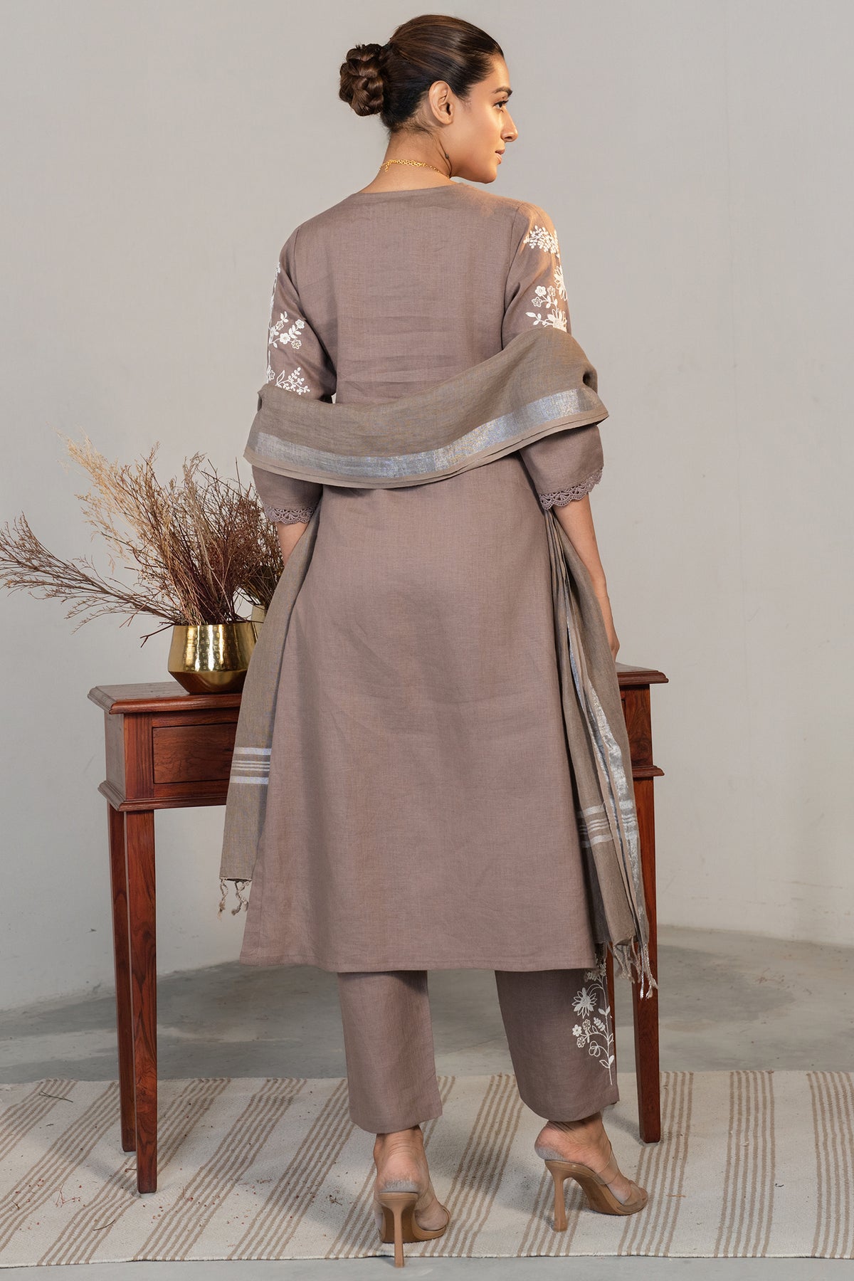 Brown Linen Embroidered Straight Cut Kurti Set - red linen saree embroidered