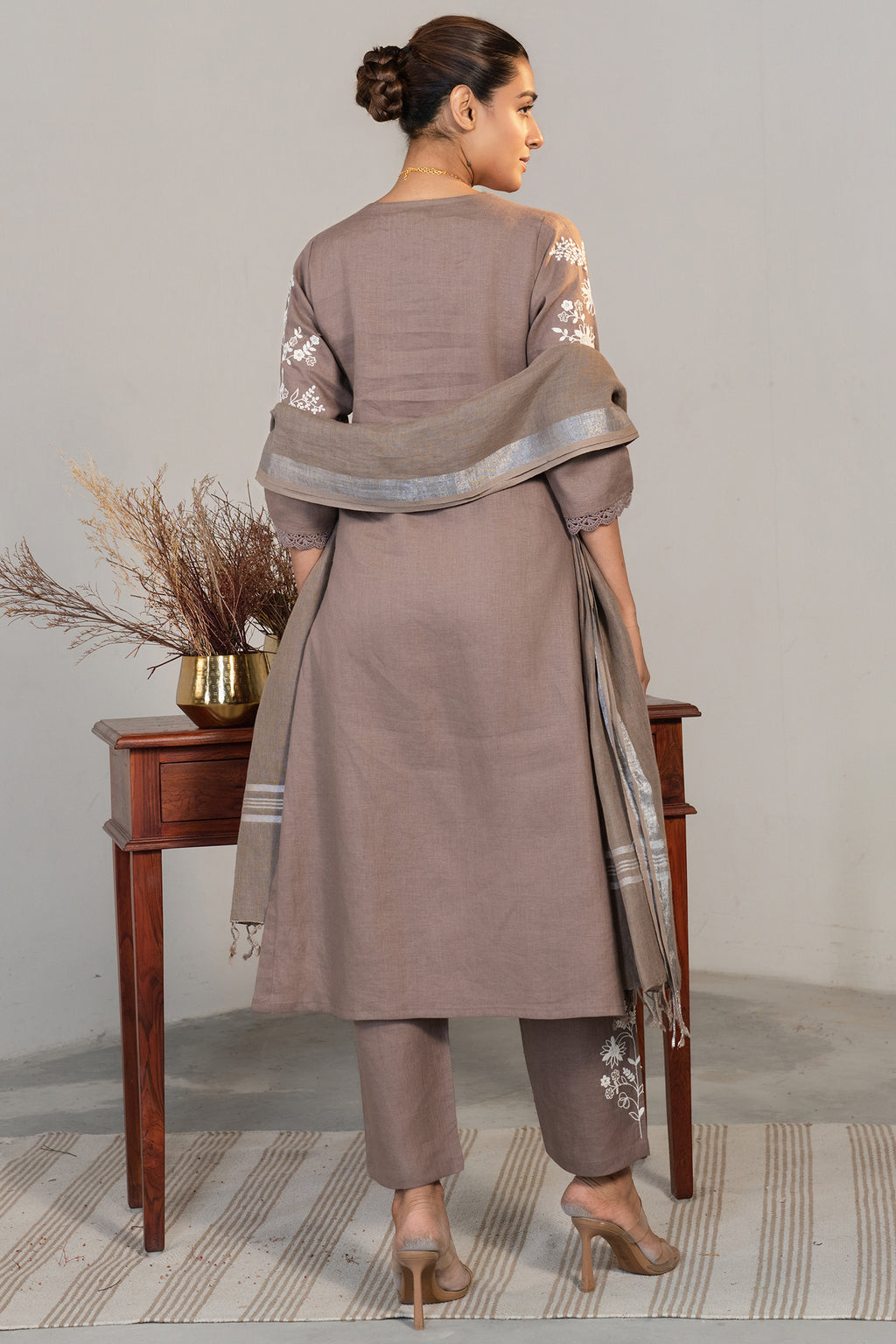 Brown Linen Embroidered Straight Cut Kurti Set - red linen saree embroidered