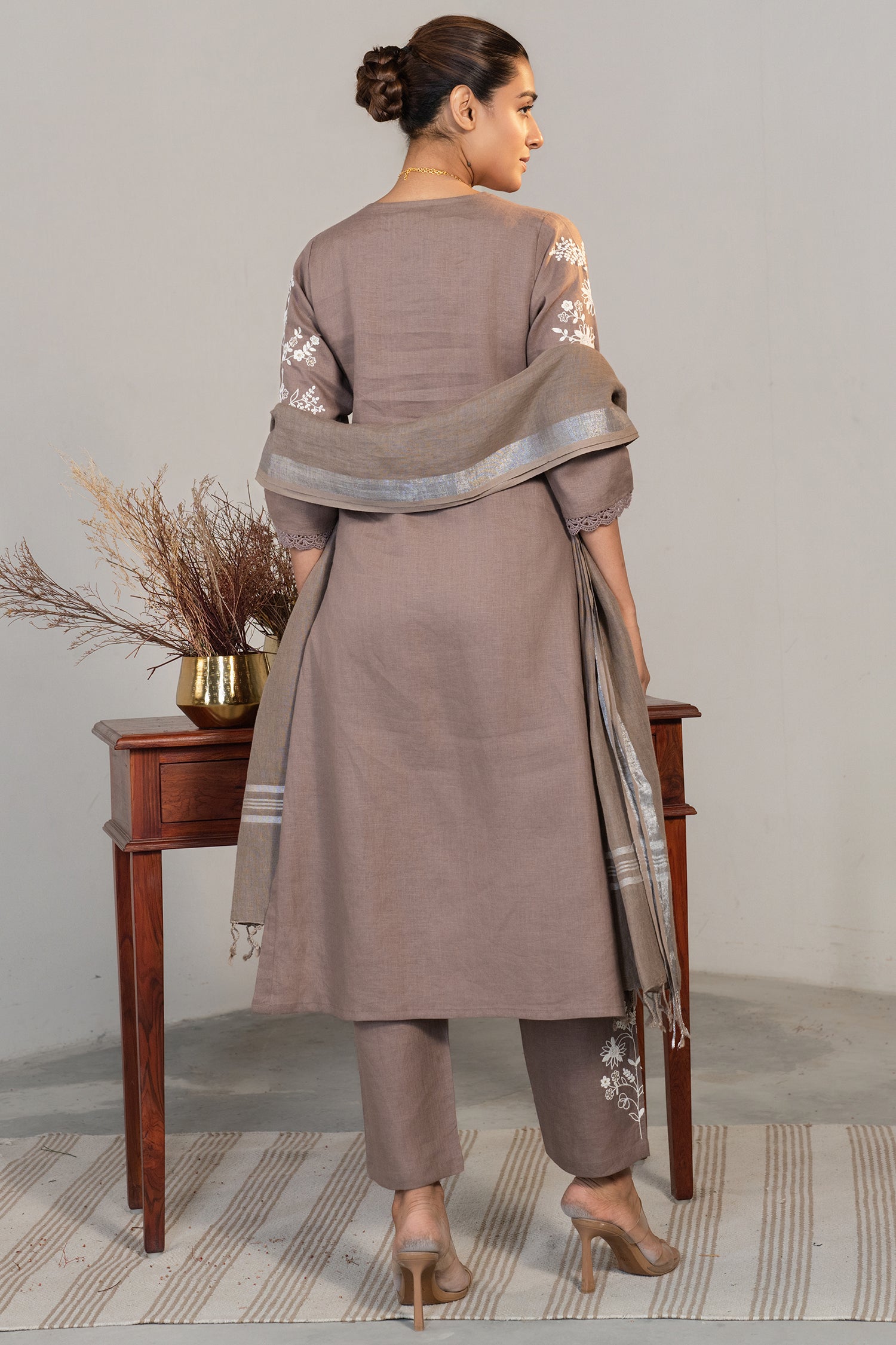 Brown Linen Embroidered Straight Cut Kurti Set - red linen saree embroidered
