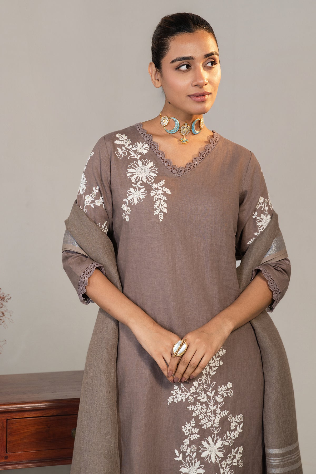 Full length traditional silhouette of Brown Linen Embroidered Straight Cut Kurti Set