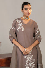 Full length traditional silhouette of Brown Linen Embroidered Straight Cut Kurti Set