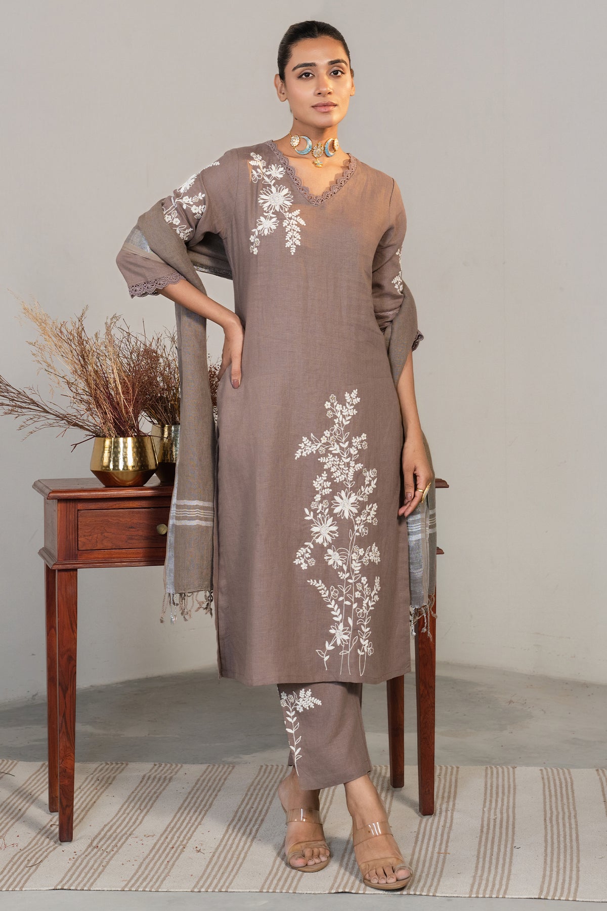 Premium linen fabric texture and styling details of Brown Linen Embroidered Kurti Set