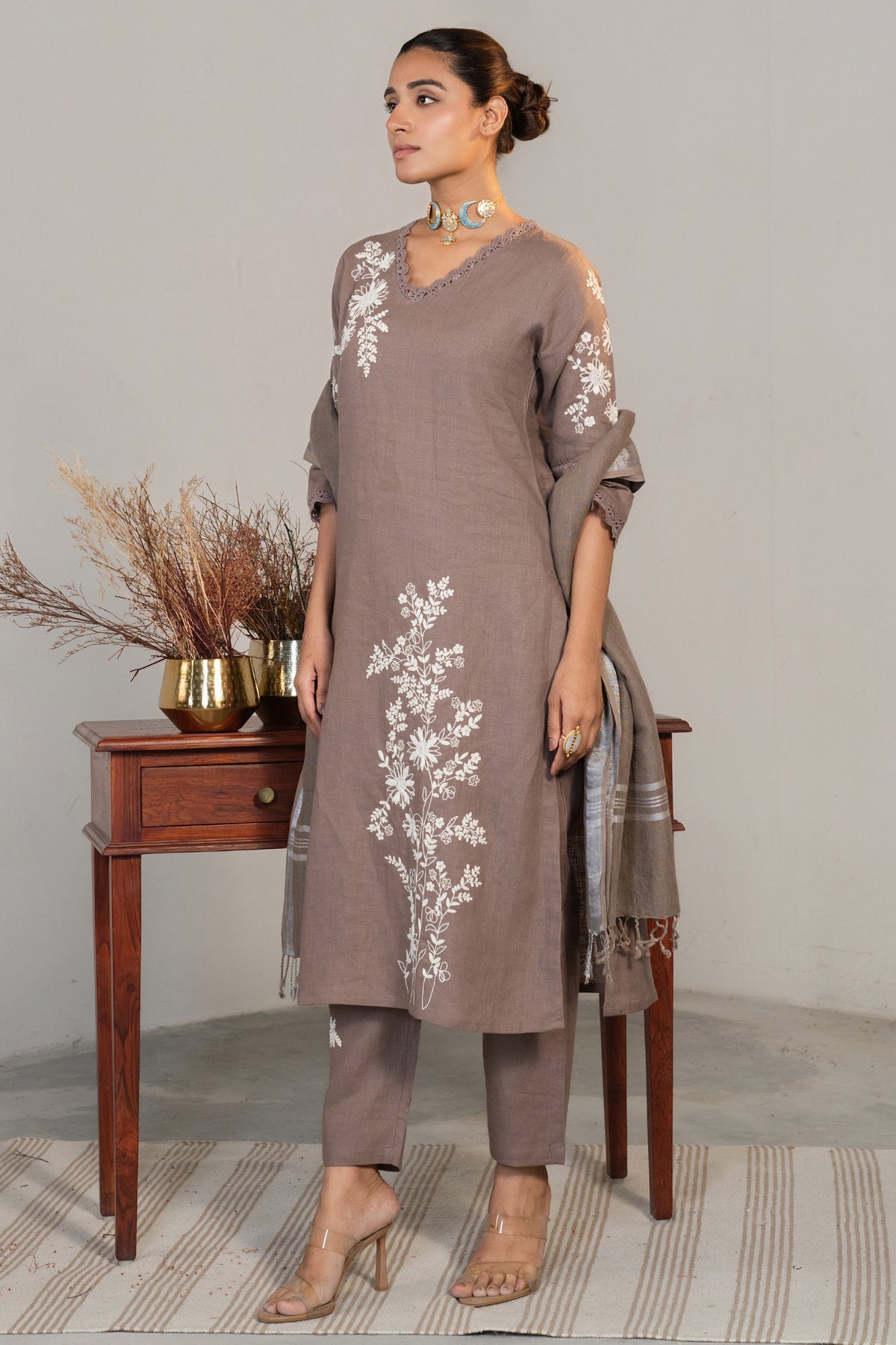 Chic Brown Linen Embroidered Straight Cut Kurti Set for women festive fashion