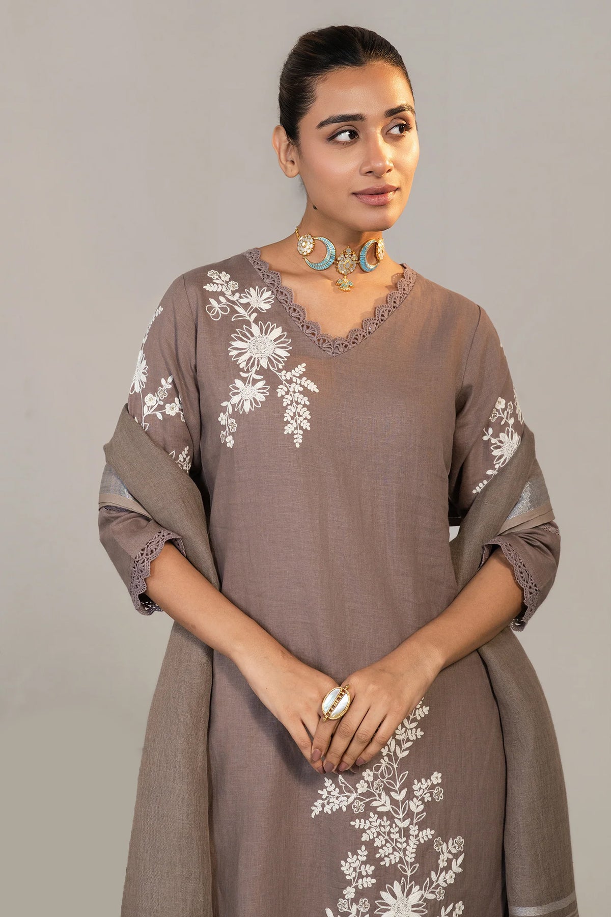 Close up of the intricate needlework on Brown Linen Embroidered Straight Cut Kurti Set