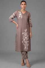 Brown Linen Embroidered Straight Cut Kurti Set front view elegant ethnic wear